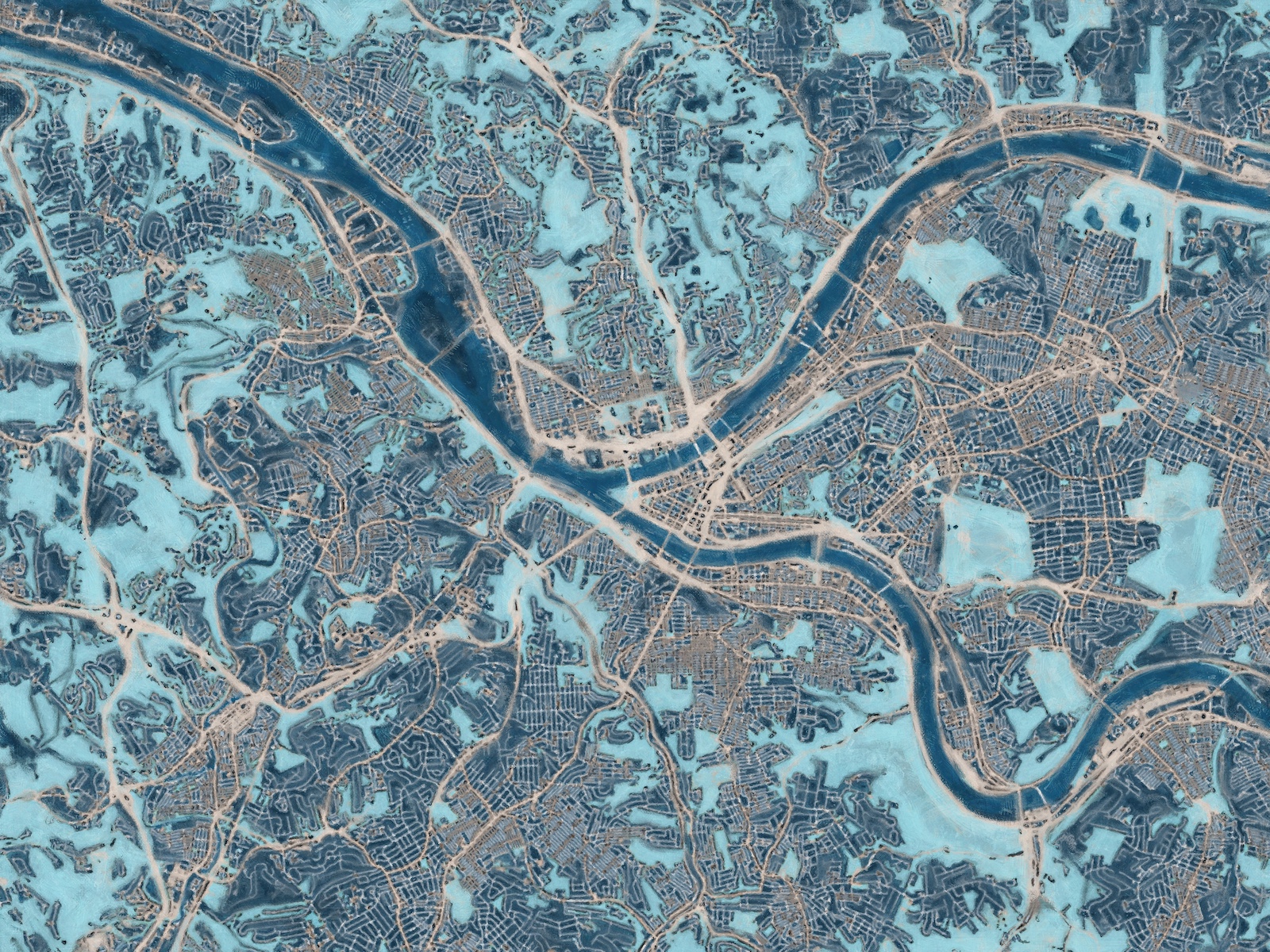 Painterly Style City Map of Pittsburgh Pennsylvania, USA in a Blue Color Scheme.